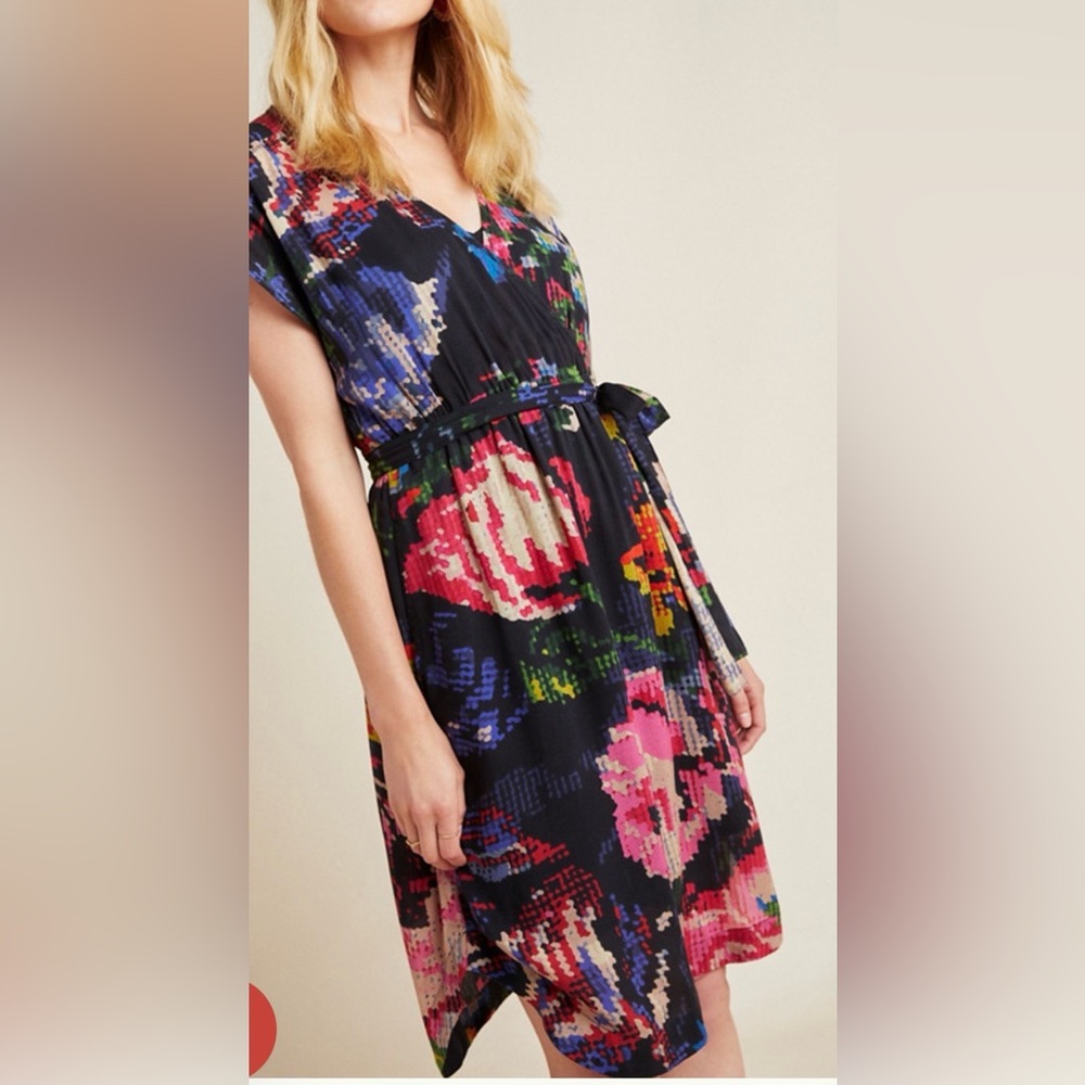 Anthropologie Black Floral Midi Dress with Pink & Blue Accents